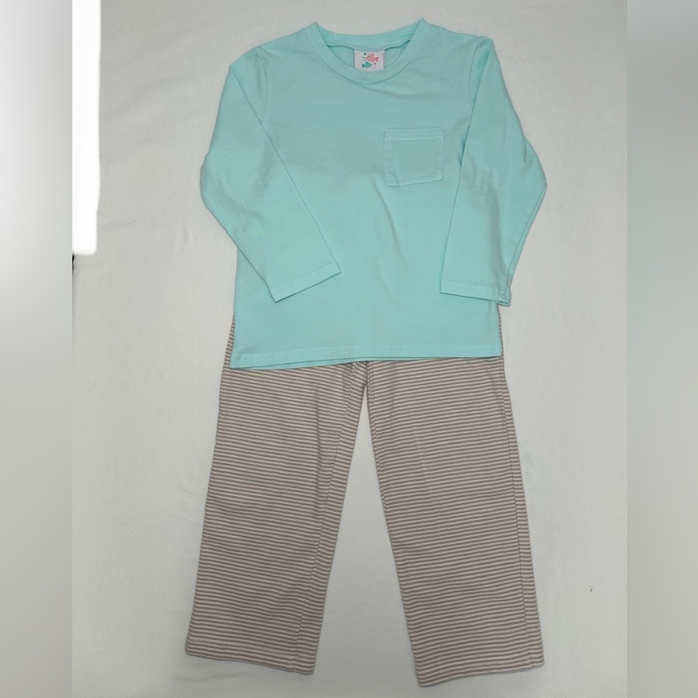 Boys Aqua & Tan/White Stripe Matching Set